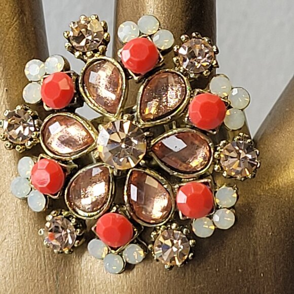 Coral and White Flower Ring,Crystal Floral Ring, Adjustable Flower Ring - Picture 1 of 14